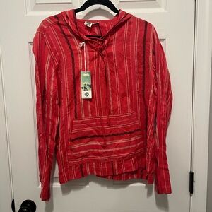 NWT Women’s Lagaci L Hooded Woven Style Long Sleeve Shirt Poncho Tie Red Striped